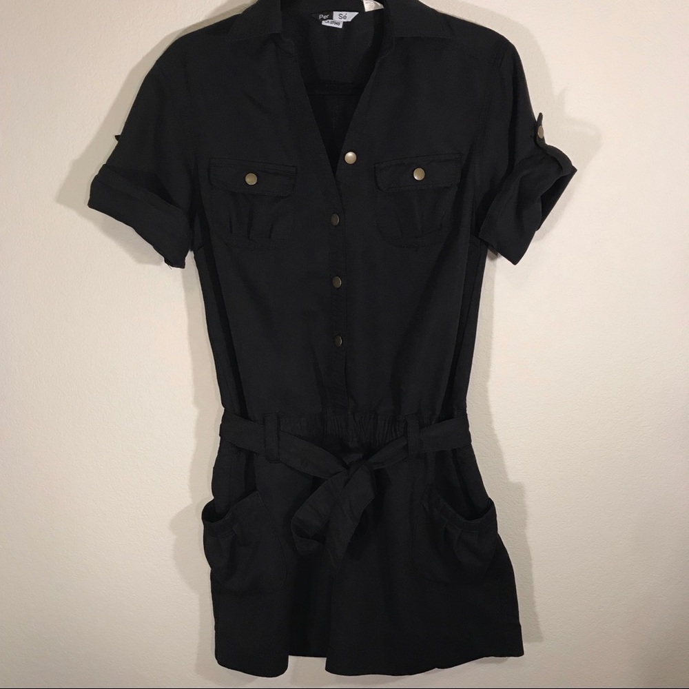 Per Se Black Military Style Button Up Tie Romper
